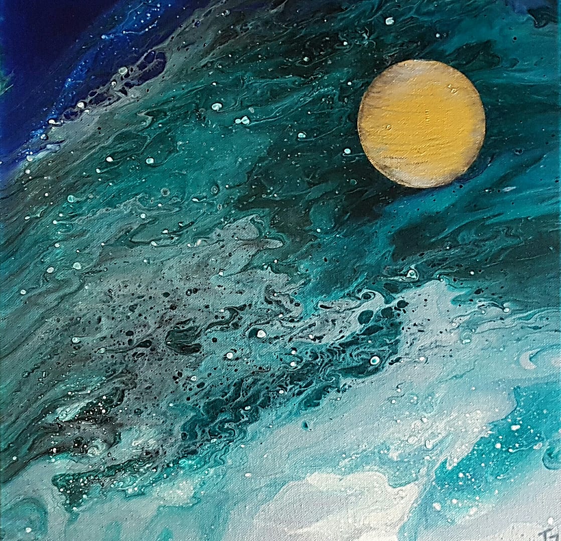 Goldener Planet Fluidart Bilder blau gold gruen 40x40