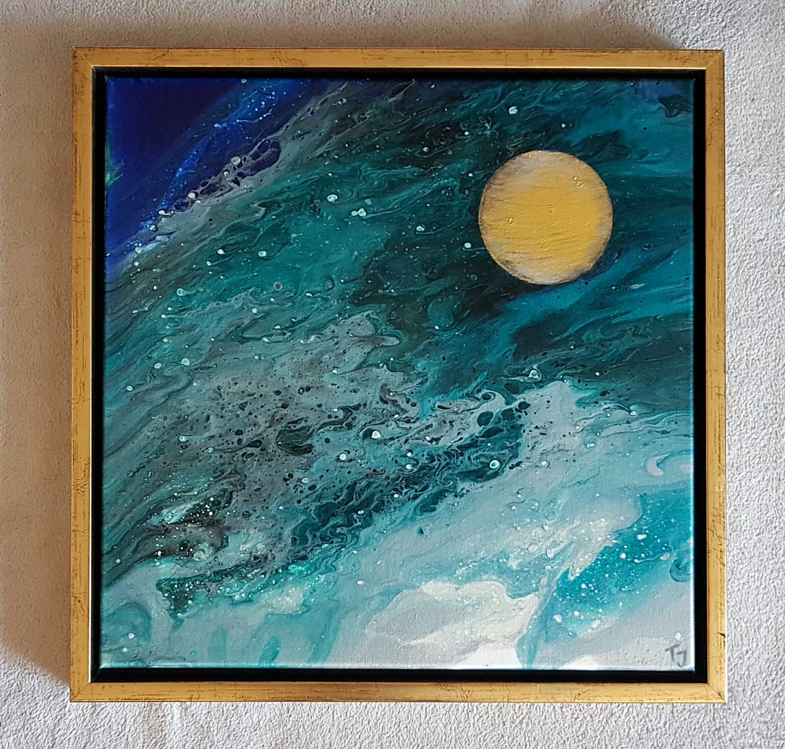 original gemaelde bilder abstrakt planet gold blau gruean tuerkis goldener planet im rahmen