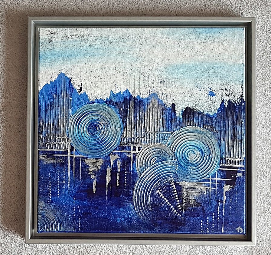 abstrakte stadt stadtbild bilder balu silber gemaelde wandbild stadt dunkelblau hellblau geometrsisch